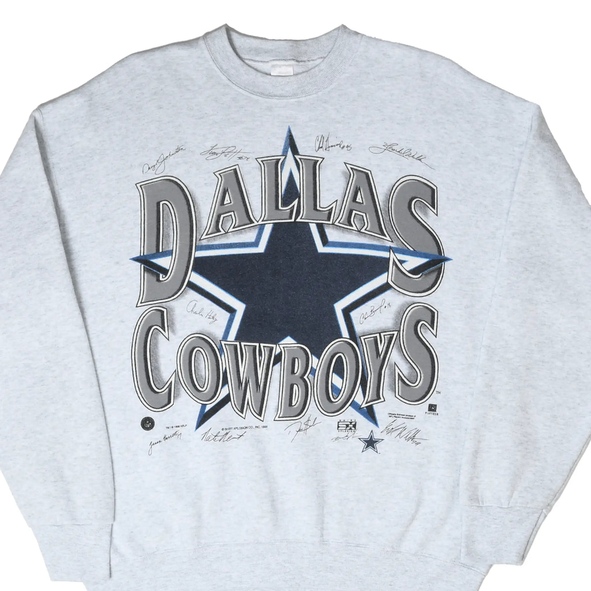 Front of grey Dallas Cowboys sweatshirt with large navy star, outlined lettering, and printed signatures