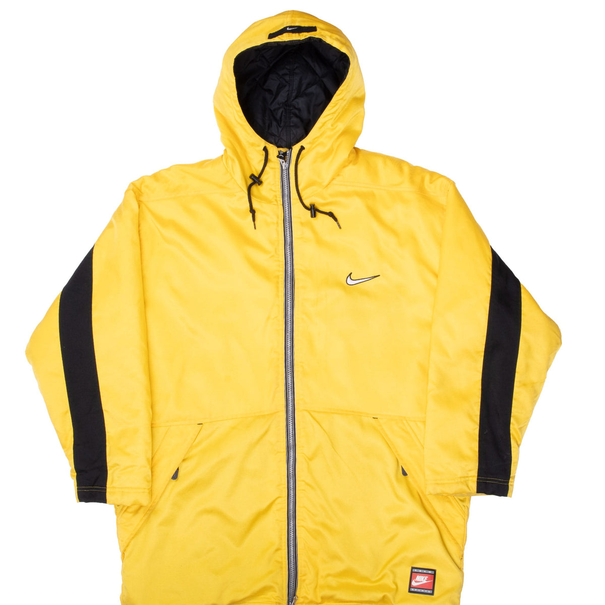 Front of yellow Nike hooded rain jacket with black sleeve panels, chest Swoosh and front pockets