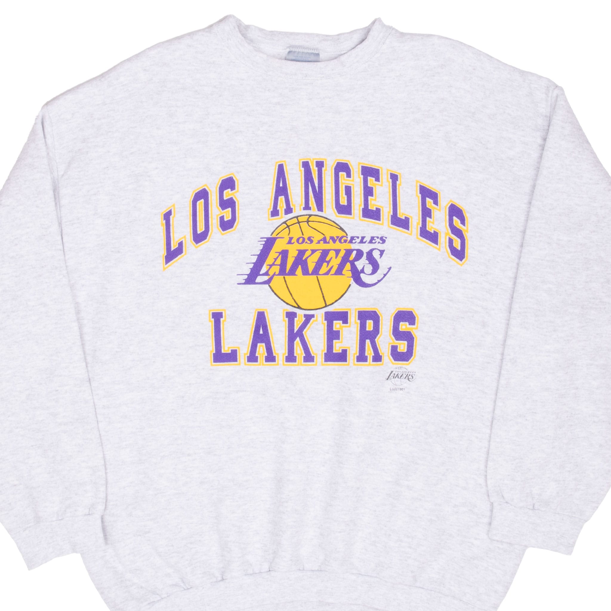 Front of grey Los Angeles Lakers crewneck sweatshirt with purple and gold basketball graphic