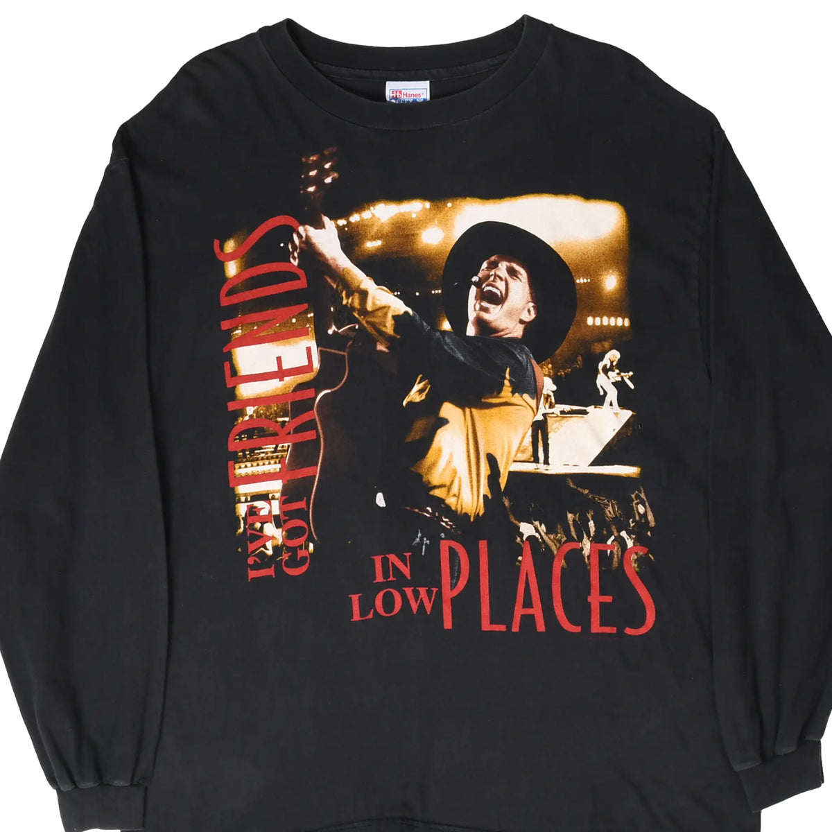 Front of black Garth Brooks long-sleeve shirt with concert graphic and Friends in Low Places text