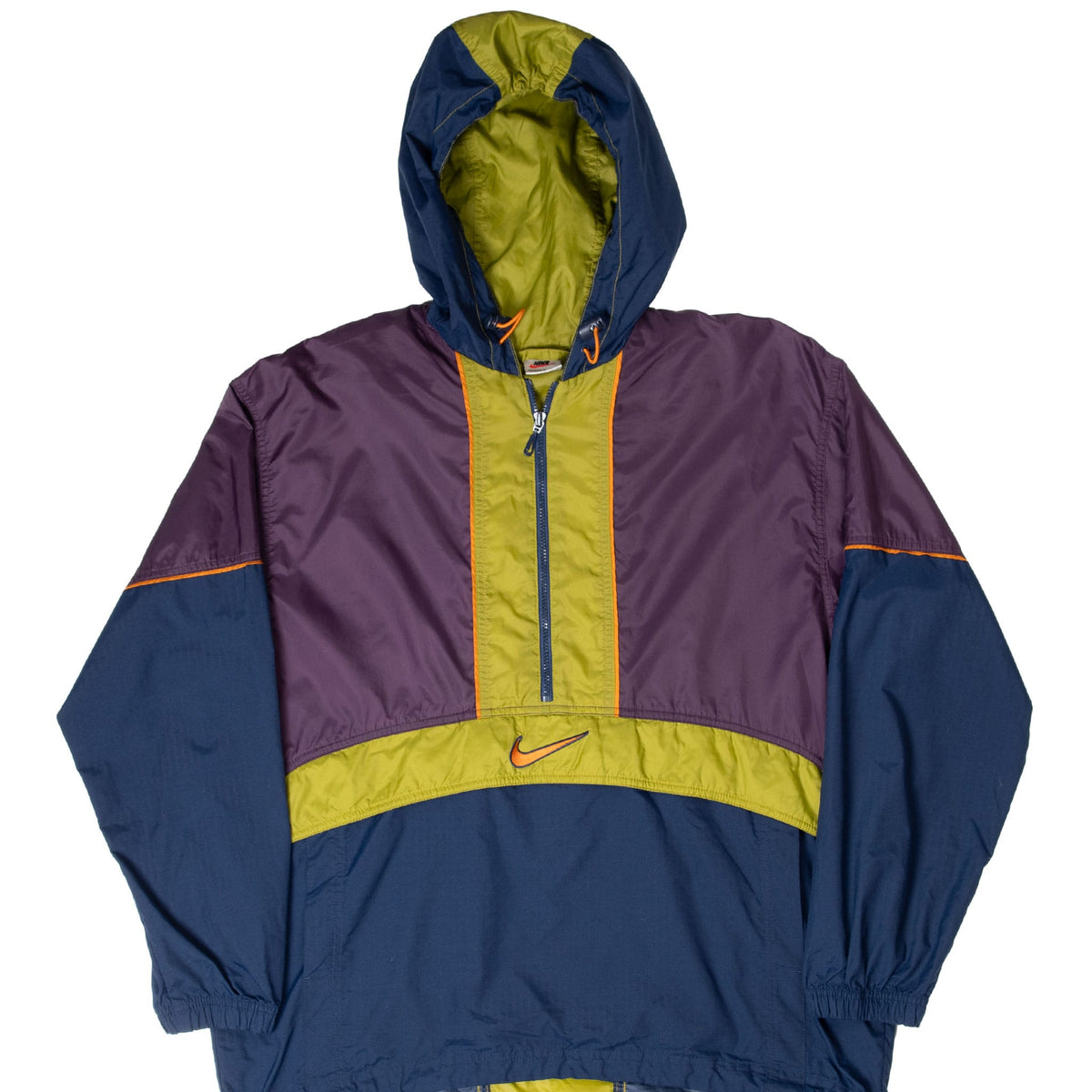 Front of Nike hooded pullover windbreaker in purple, navy and green with orange piping