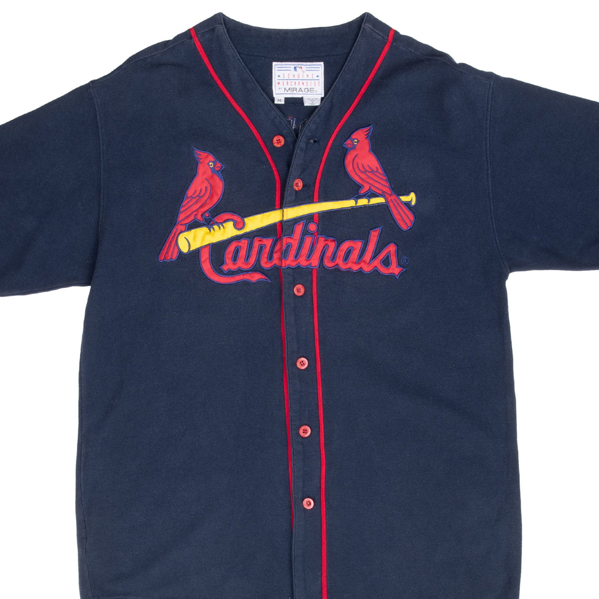 Front of navy St. Louis Cardinals button-front jersey with red piping and birds-on-bat logo