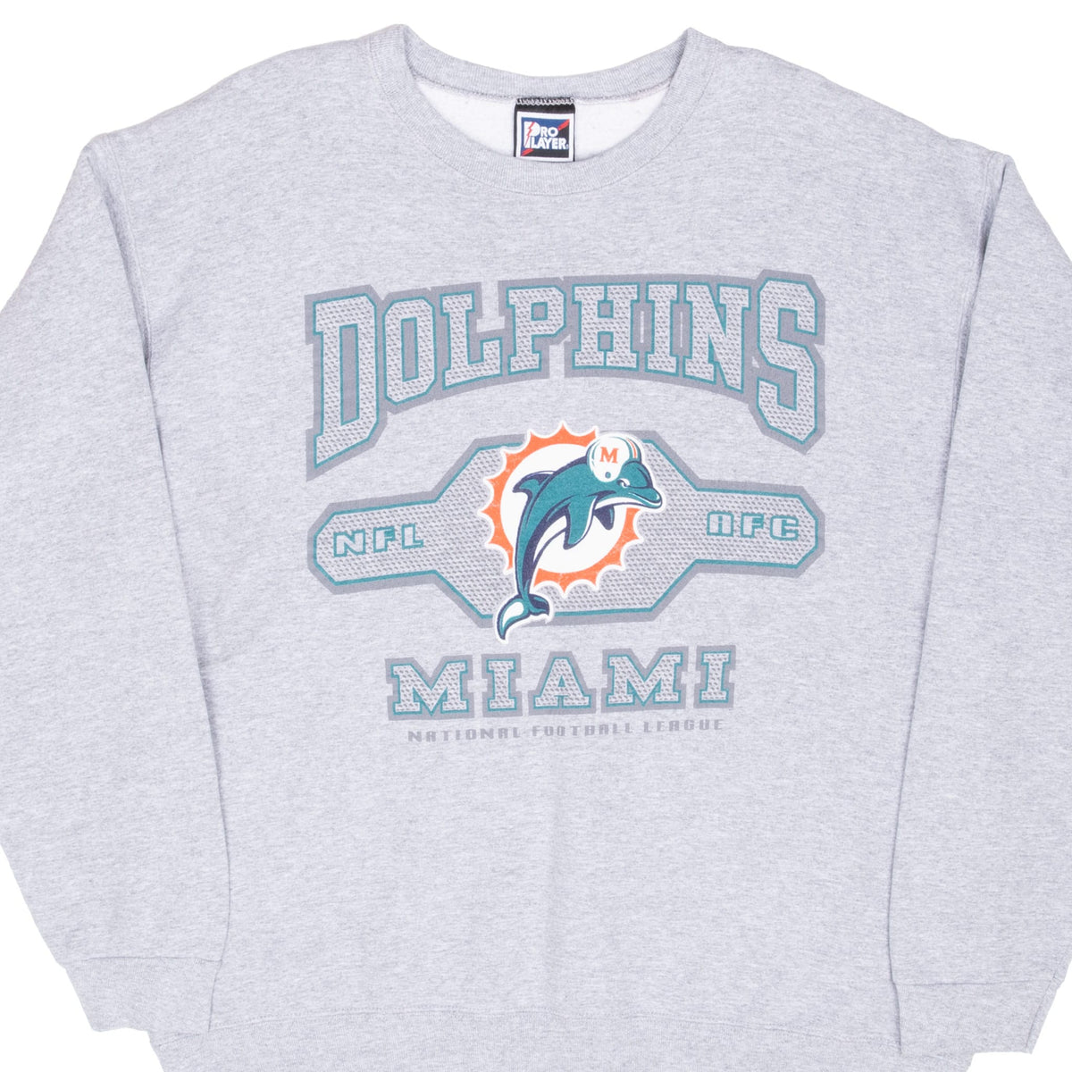Front of grey Miami Dolphins crewneck sweatshirt with aqua and orange NFL team graphic