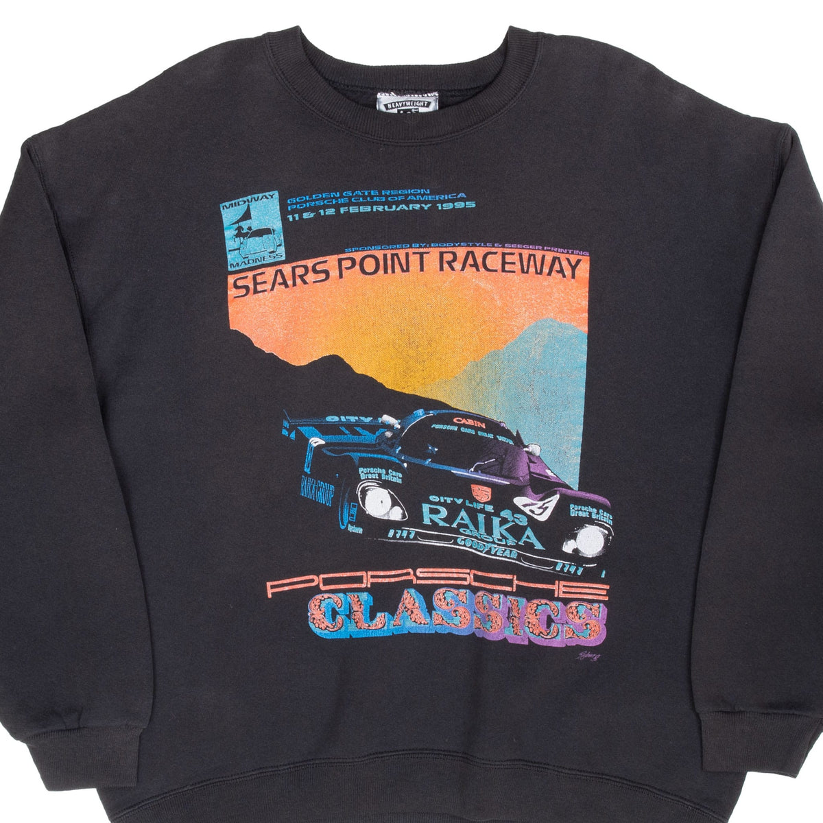 Front of black Porsche sweatshirt with multicolor Sears Point Raceway racing graphic
