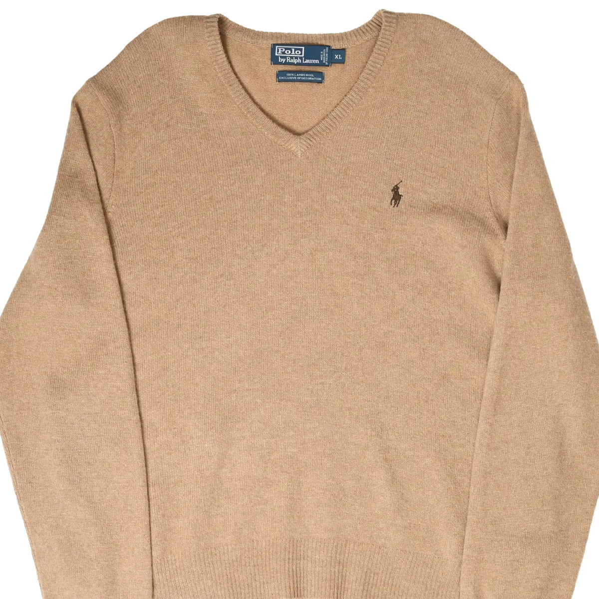 Polo Ralph Lauren beige knit V-neck sweater upper front with embroidered pony logo