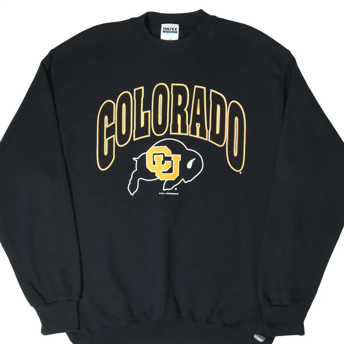 Front of black Colorado Golden Buffaloes sweatshirt with gold lettering and CU buffalo graphic