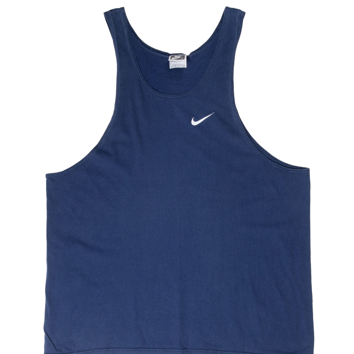 Front of navy blue Nike tank top with deep armholes and white embroidered Swoosh