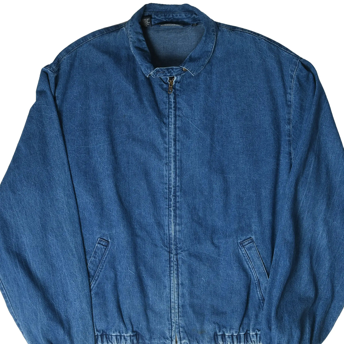 Front upper view of blue Polo Ralph Lauren denim Harrington jacket with zip closure and slant pockets