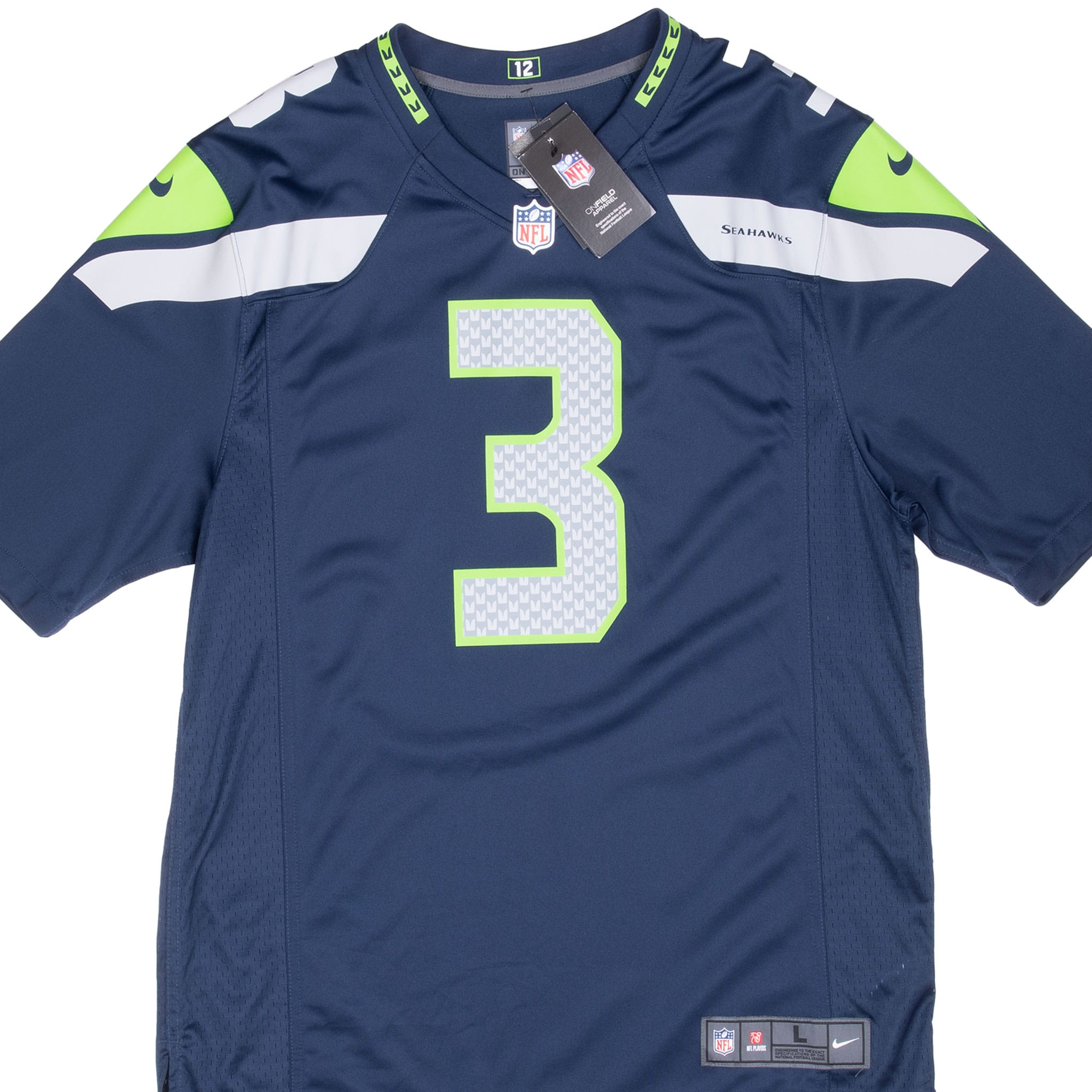 Front close-up of navy Nike Seahawks Russell Wilson #3 jersey with attached retail tags