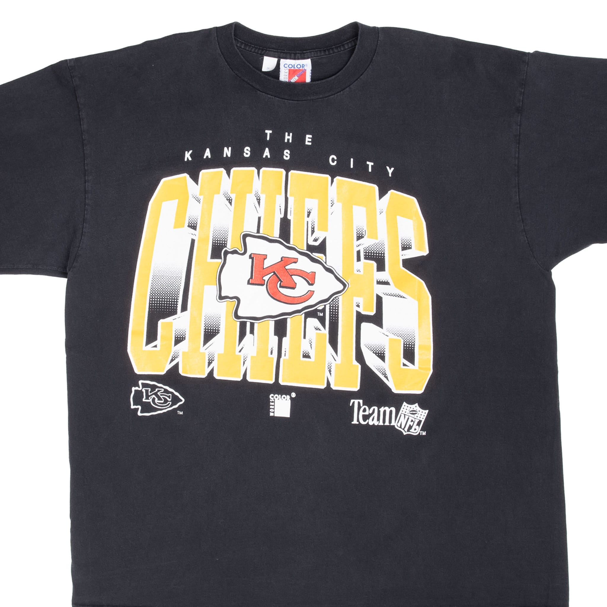 Front of black Kansas City Chiefs T-shirt with yellow Chiefs lettering and red KC arrowhead logo