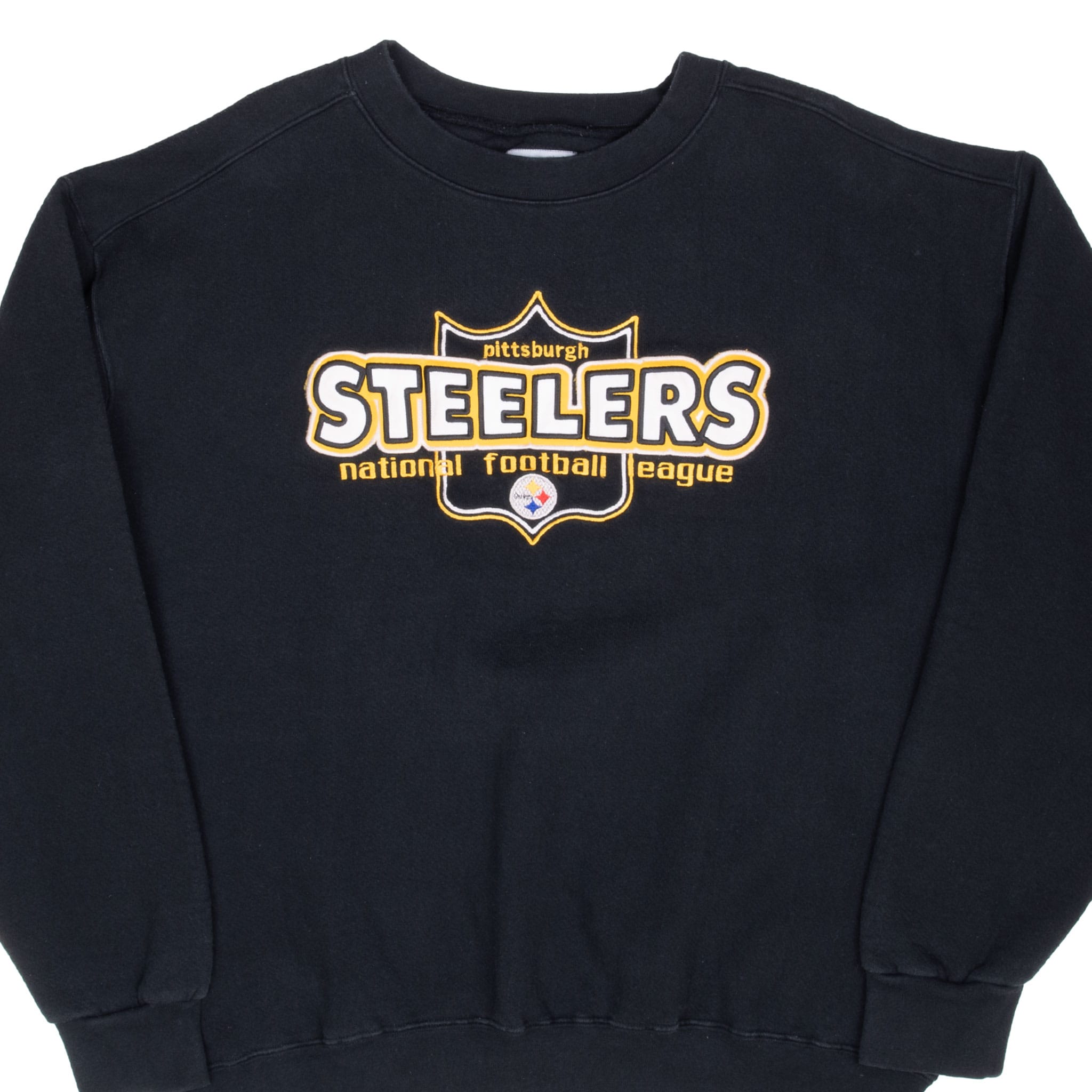 Front upper view of black Pittsburgh Steelers crewneck sweatshirt with embroidered shield design
