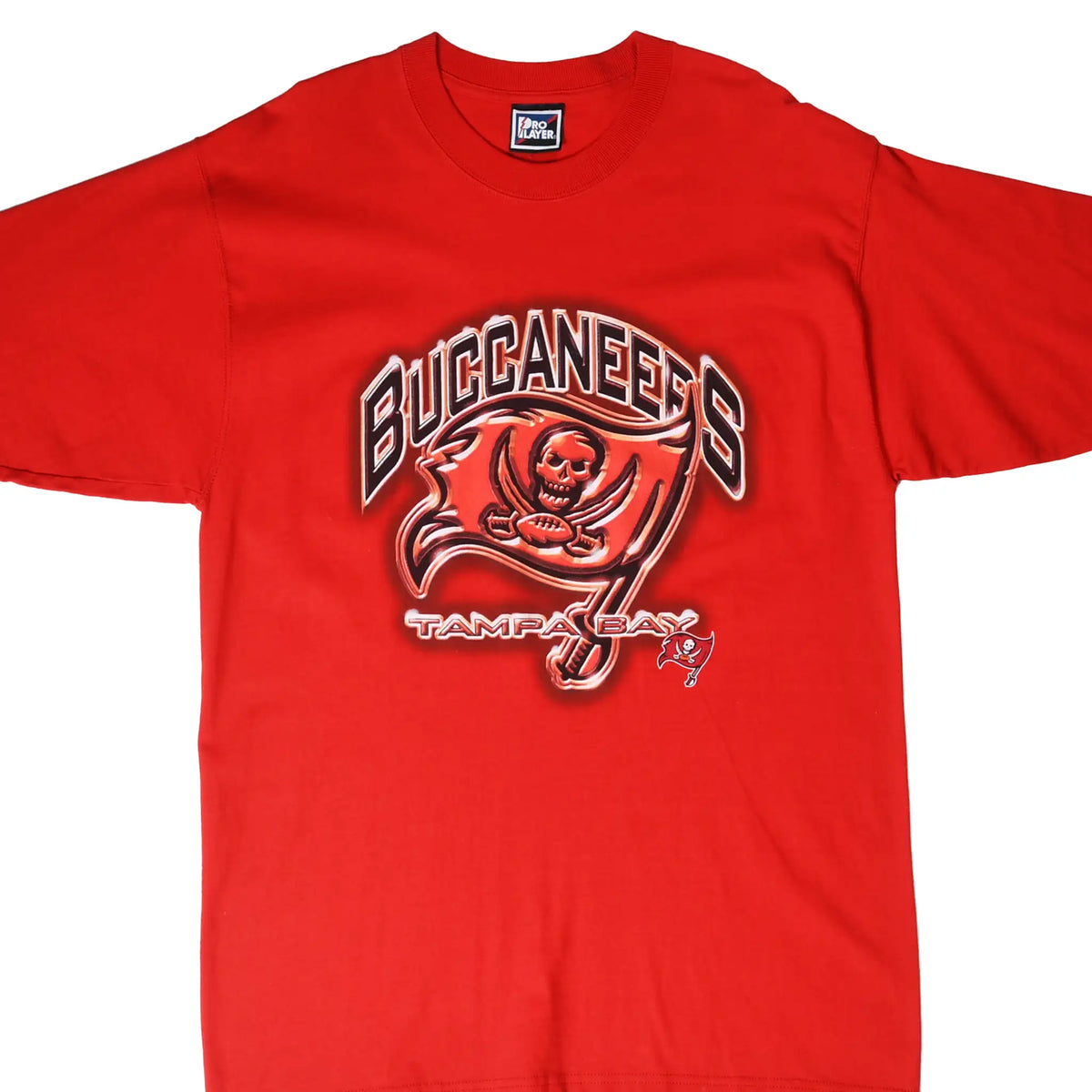 Front of red Tampa Bay Buccaneers T-shirt with large team flag and skull graphic