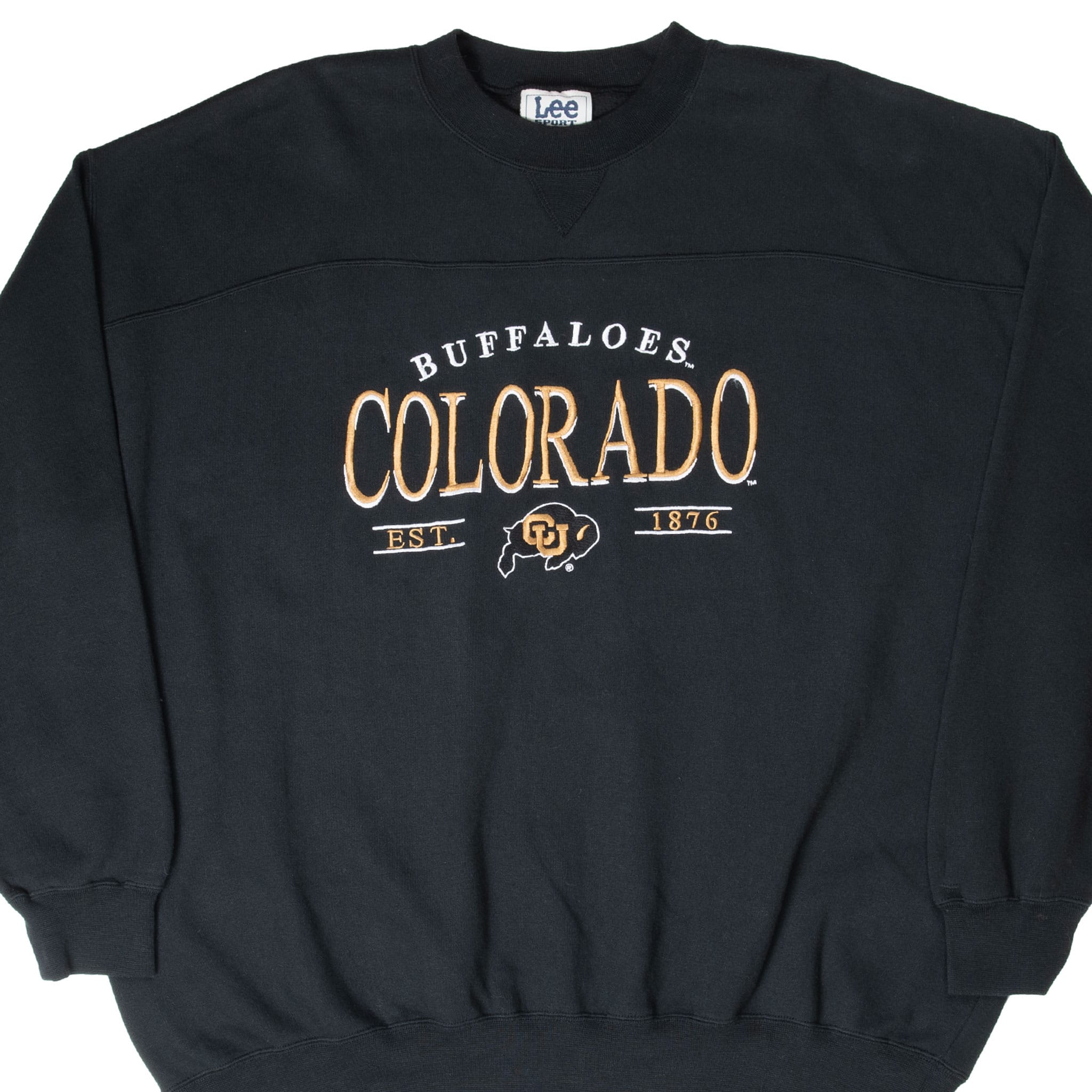 Front of black Colorado Buffaloes crewneck sweatshirt with white and gold embroidery