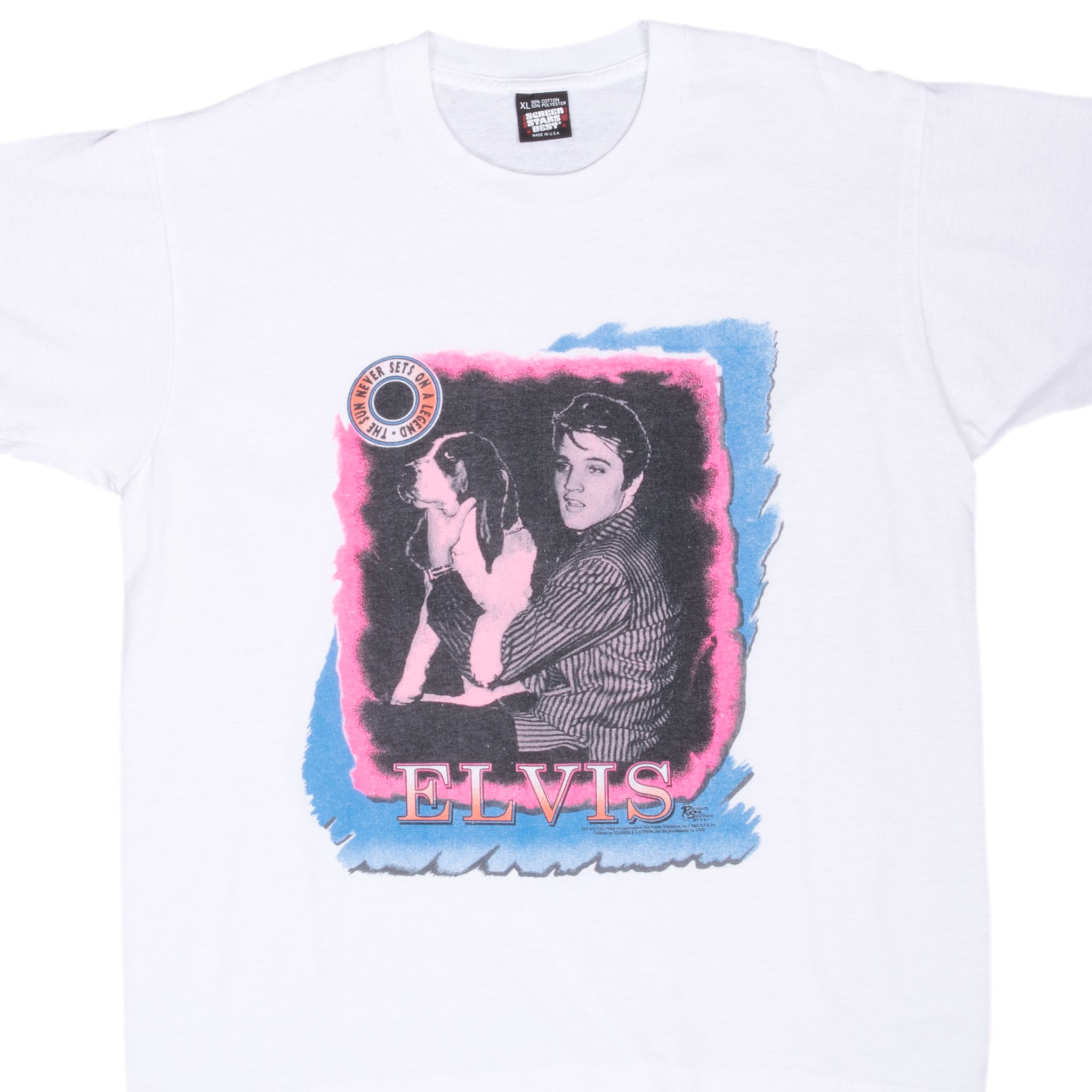 Front close-up of white Elvis Presley T-shirt with Elvis holding a dog in a pink, blue and black graphic