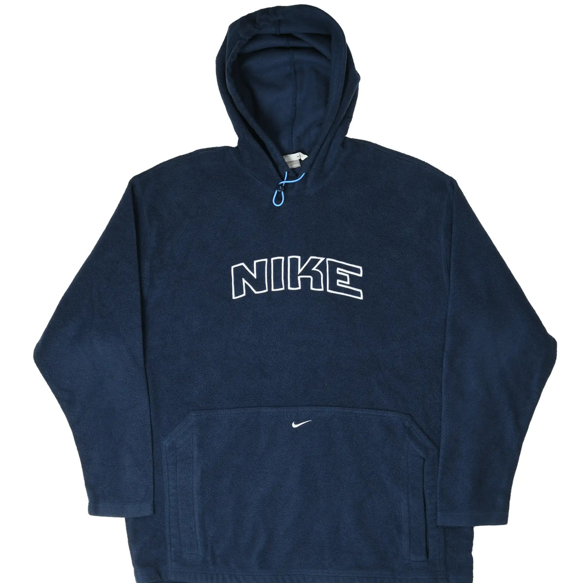 Front of navy blue Nike fleece hoodie with outlined spellout, hood, kangaroo pocket, and small Swoosh