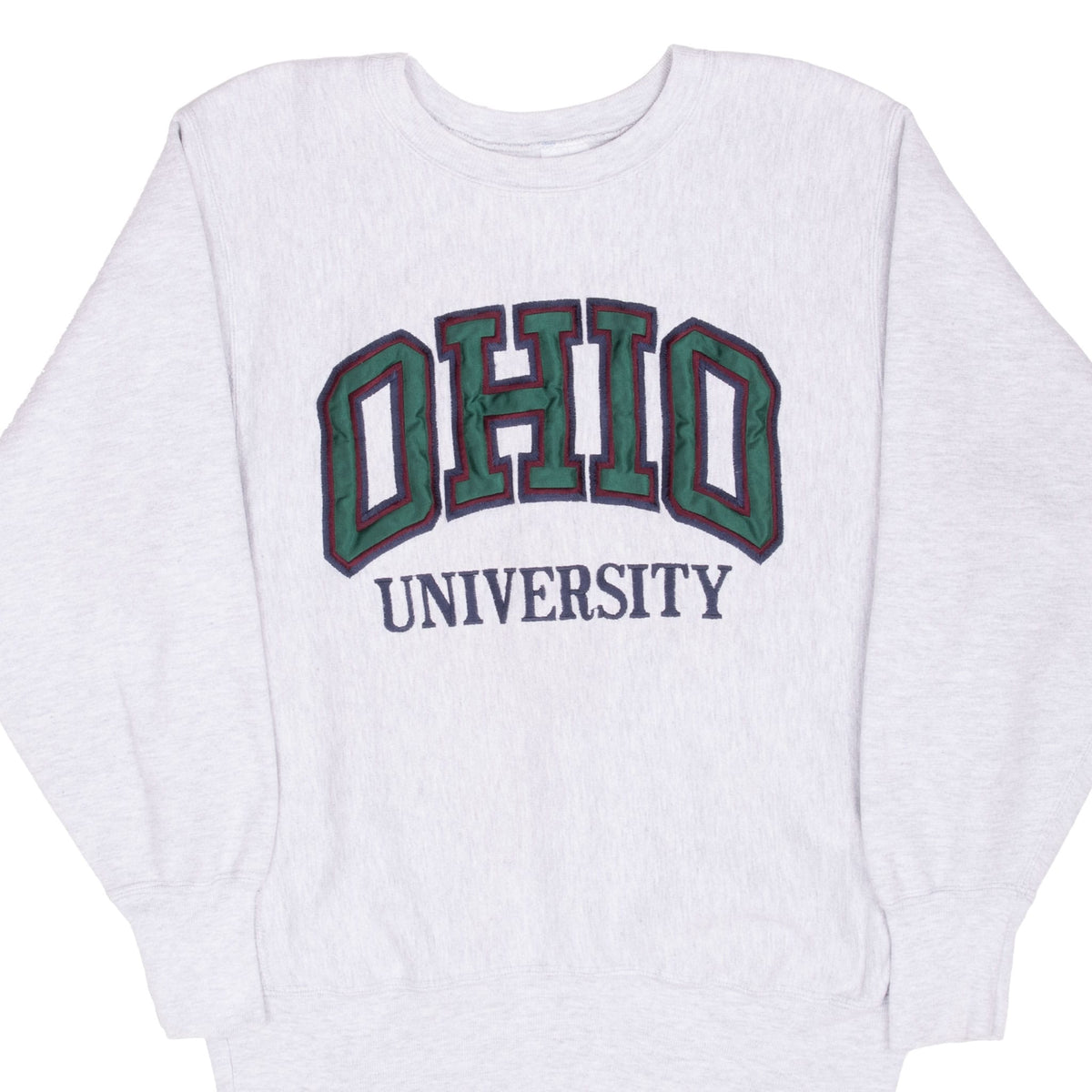 Front of gray Champion sweatshirt with arched Ohio University embroidery
