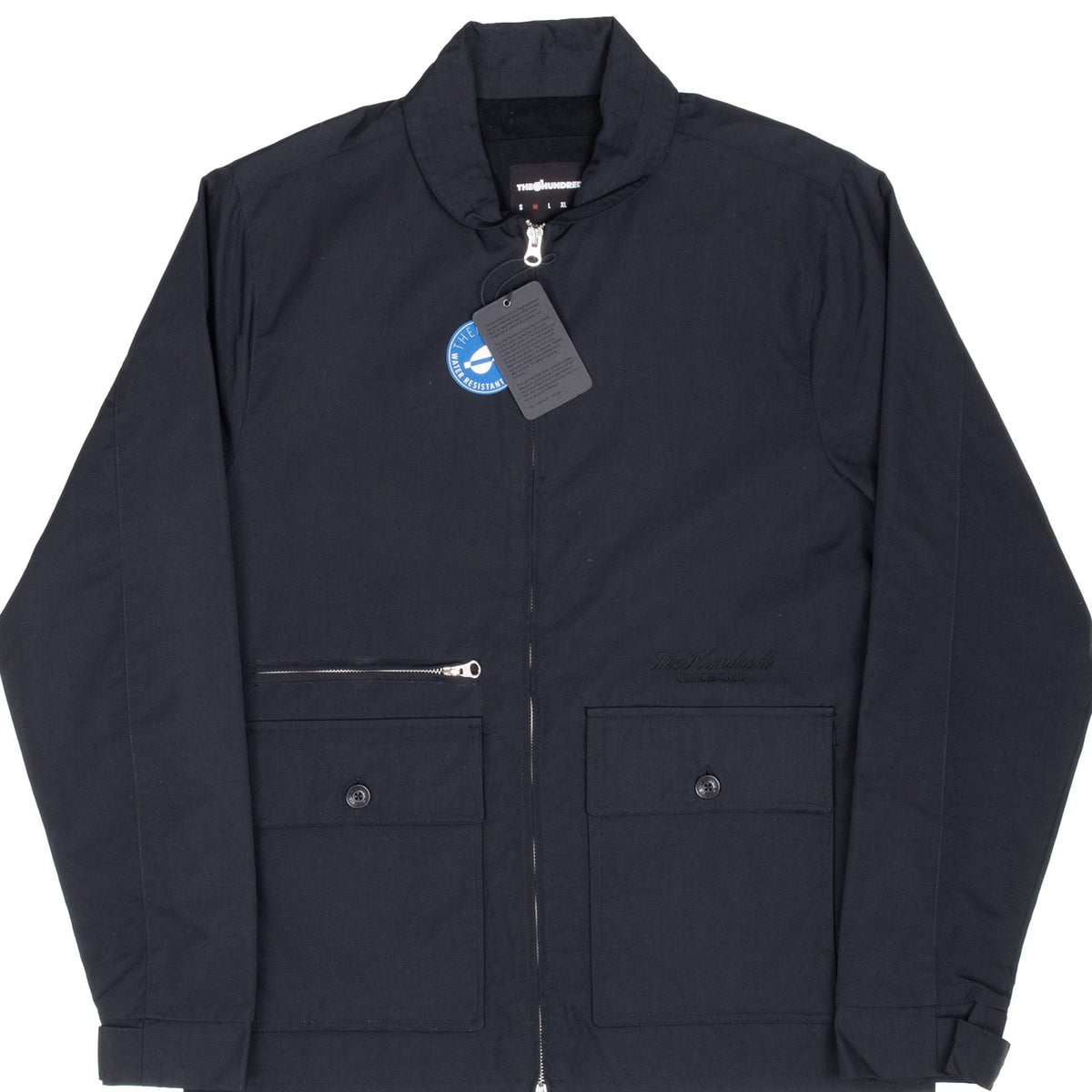 Front of The Hundreds Bestwick black windbreaker with zip closure, flap pockets and hangtags