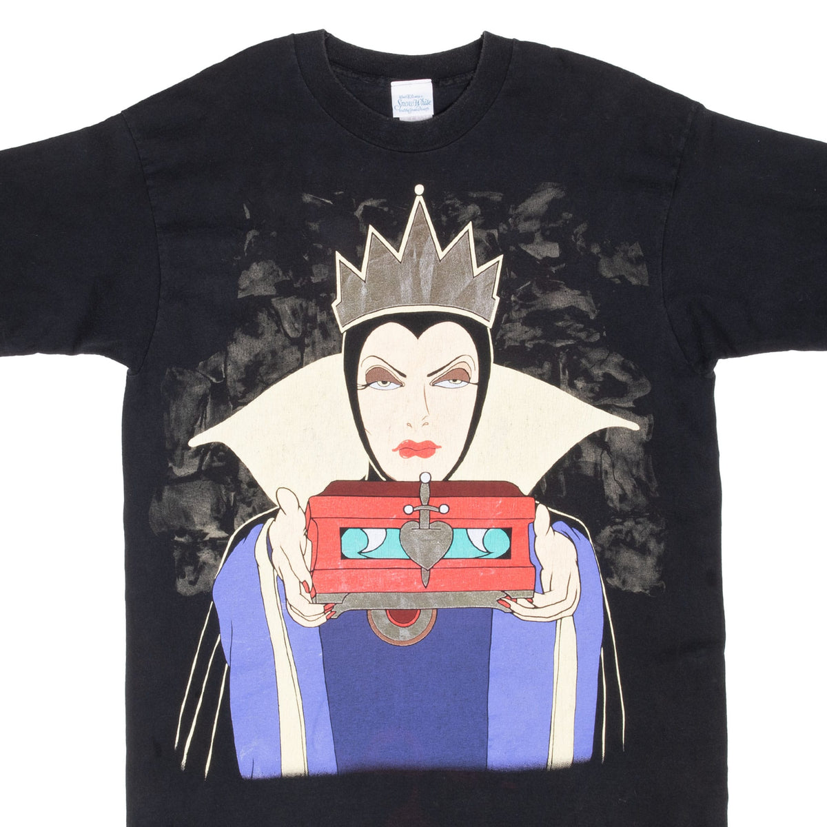 Front of black Disney Snow White T-shirt with Evil Queen holding a red heart box