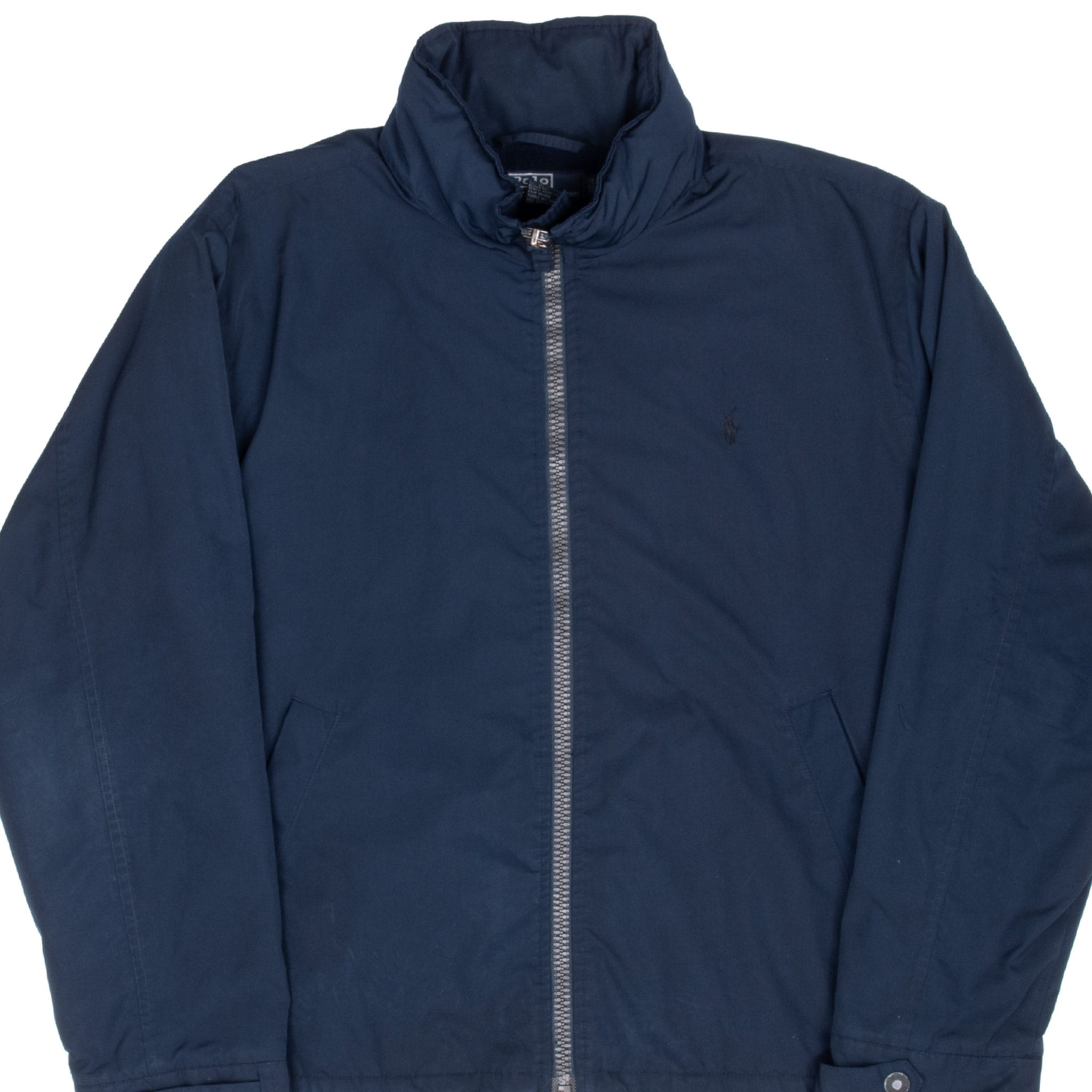 Front upper view of navy Polo Ralph Lauren windbreaker with stand collar and full zipper
