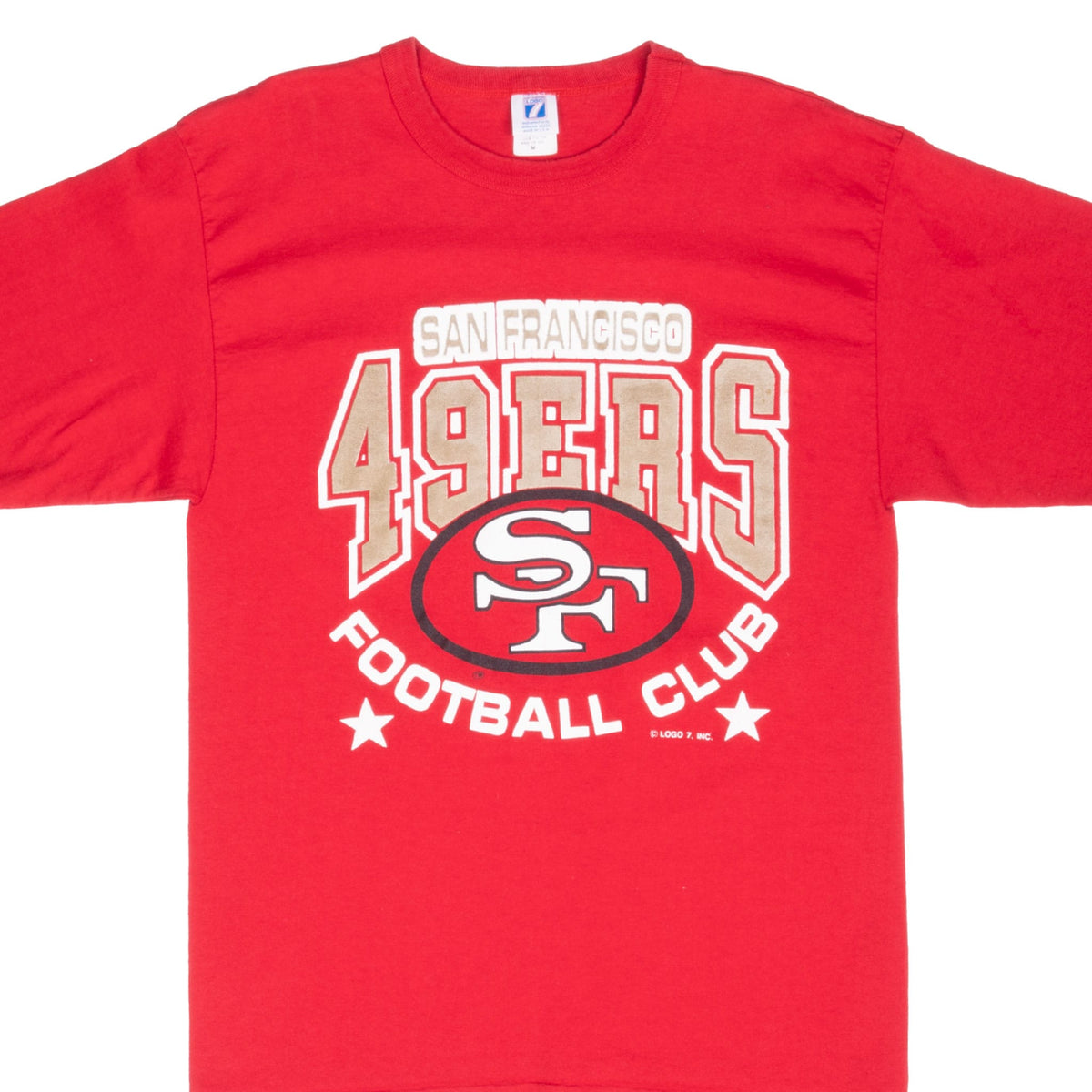 Front upper view of red San Francisco 49ers T-shirt with SF oval logo and Football Club graphic