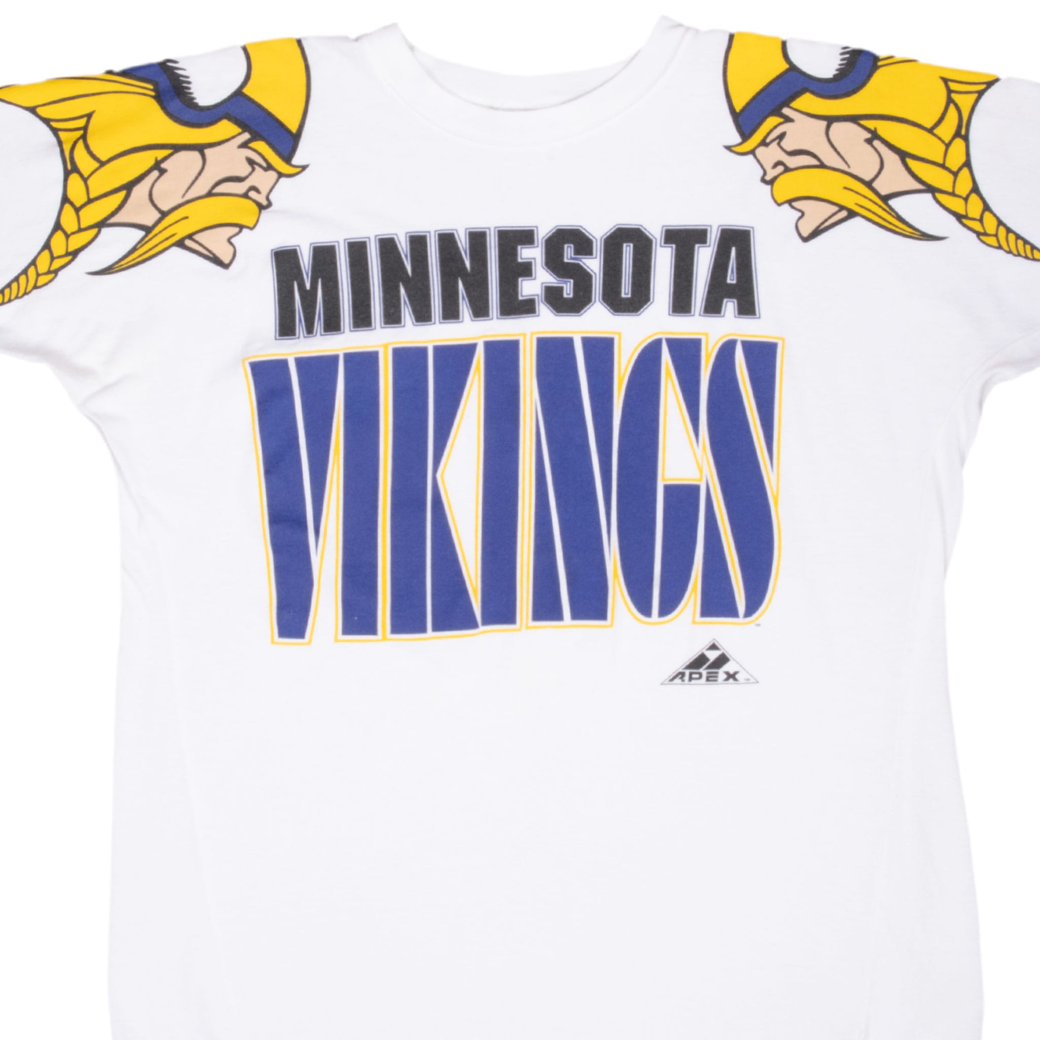 Front graphic detail of white Apex One Minnesota Vikings T-shirt with purple and yellow print
