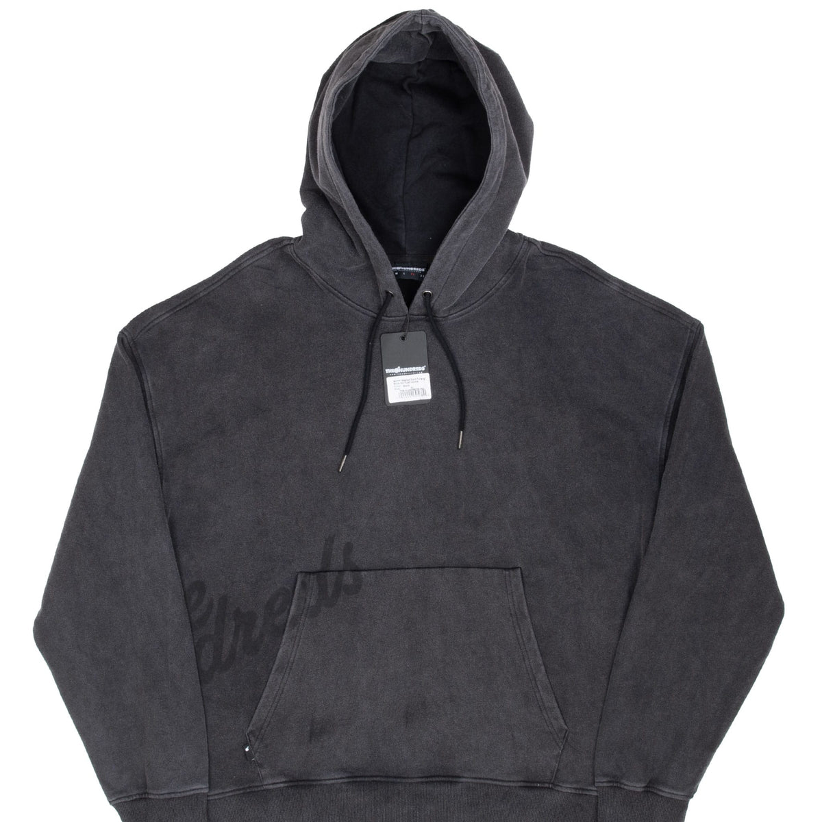 Front of The Hundreds black washed pullover hoodie with hangtag, kangaroo pocket, and tonal script graphic