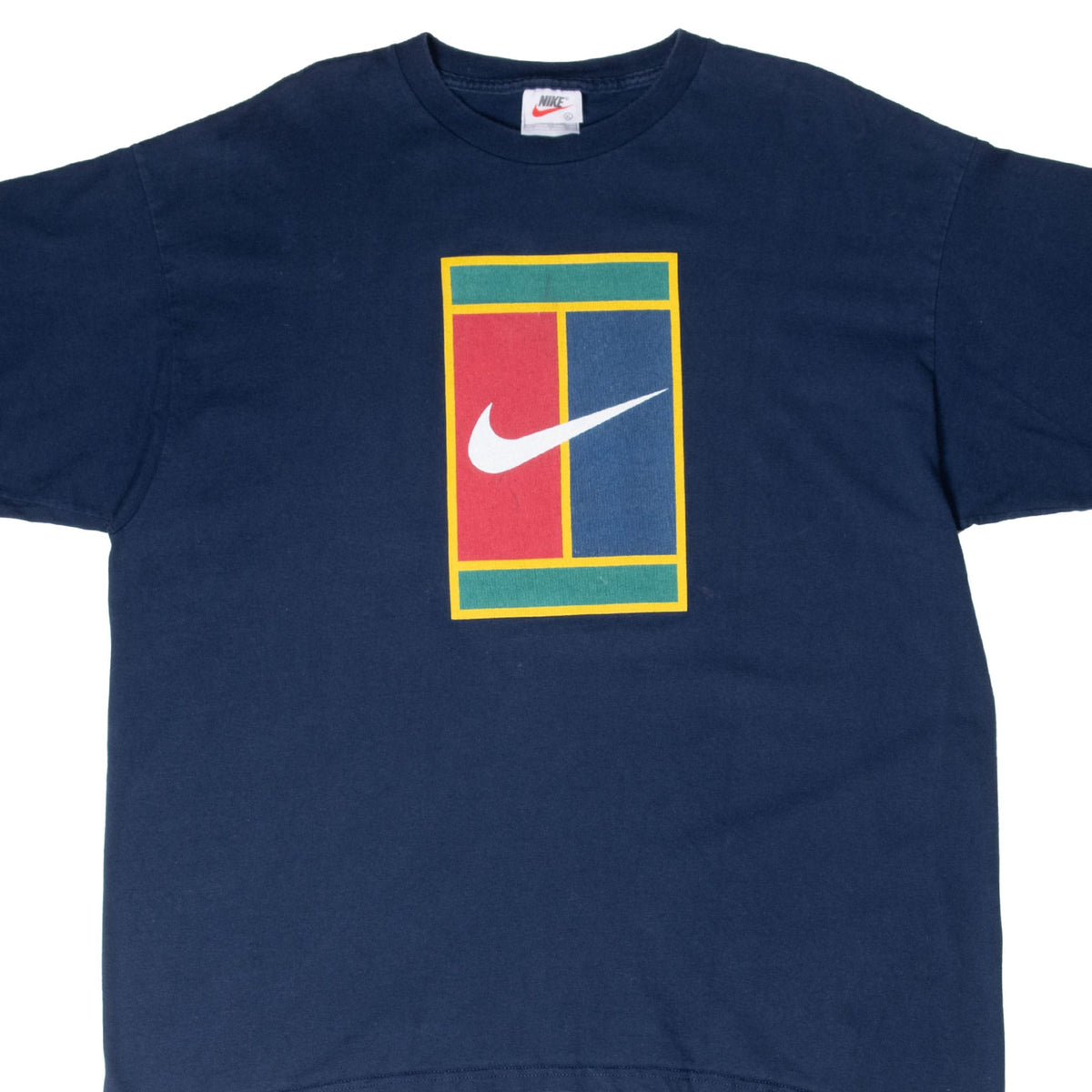 Front upper view of navy Nike Court T-shirt with multicolor tennis-court graphic and white Swoosh