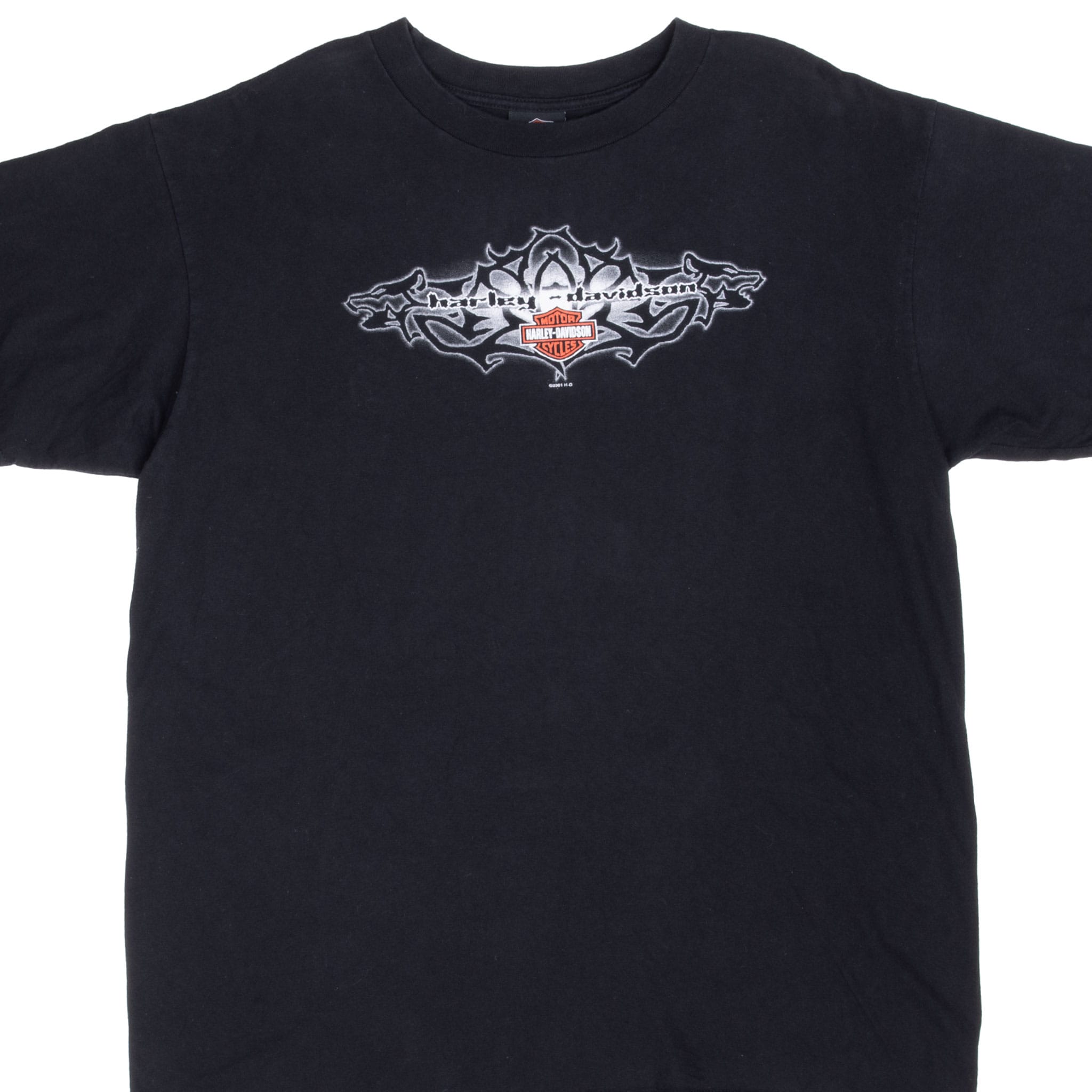 Front of black Harley-Davidson T-shirt with gray, white, and orange chest graphic
