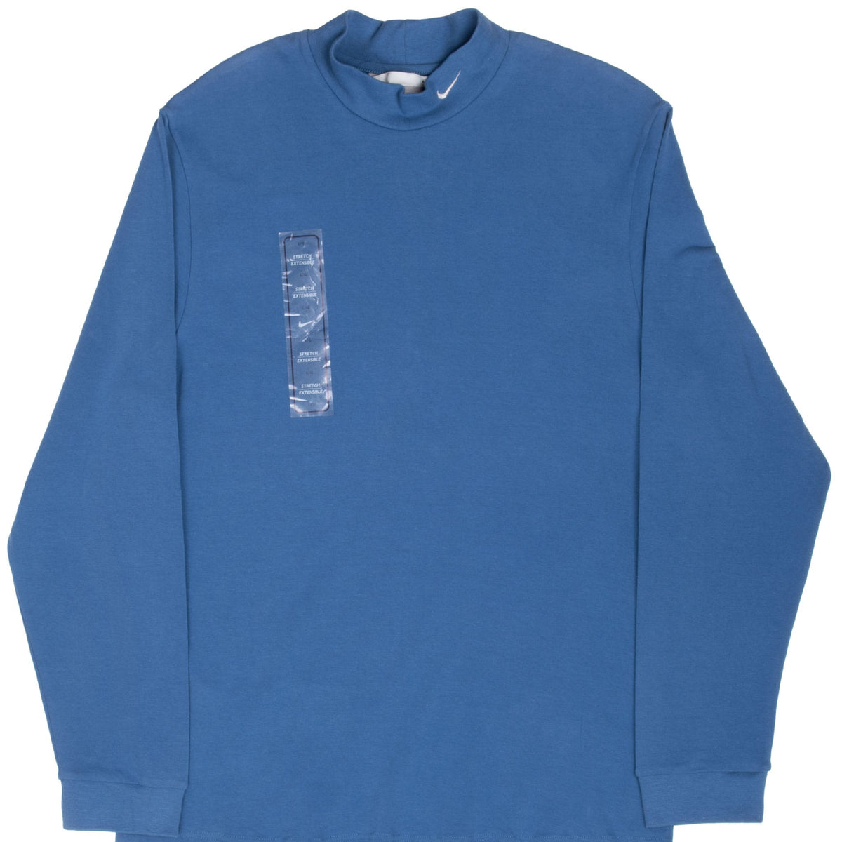 Front of blue Nike long-sleeve turtleneck shirt with white collar Swoosh and stretch sticker
