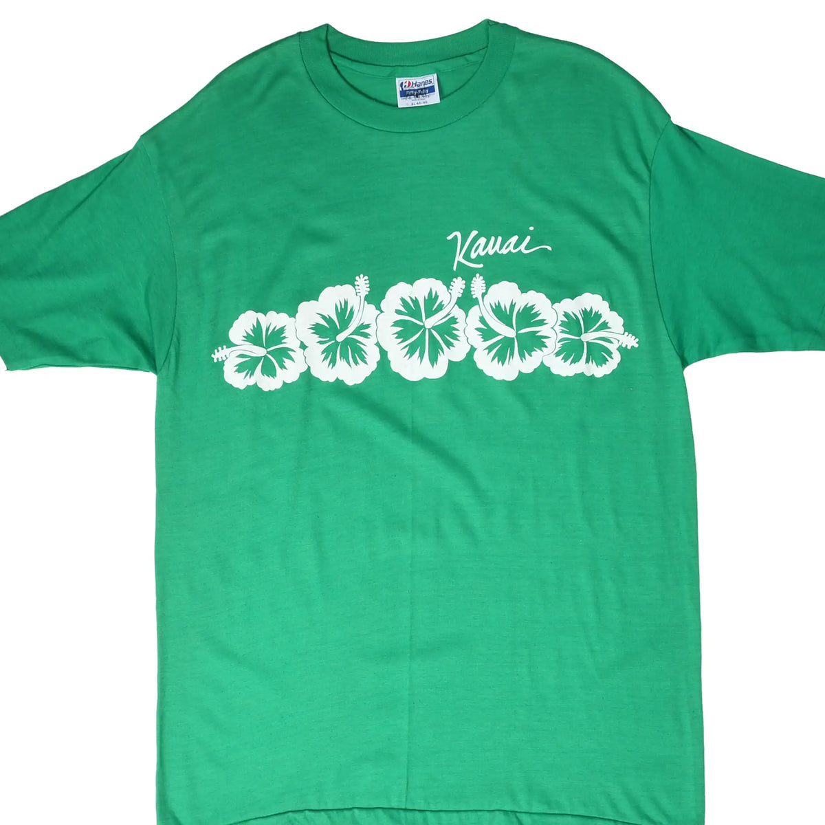 Front of green Kauai T-shirt with white hibiscus flower graphic