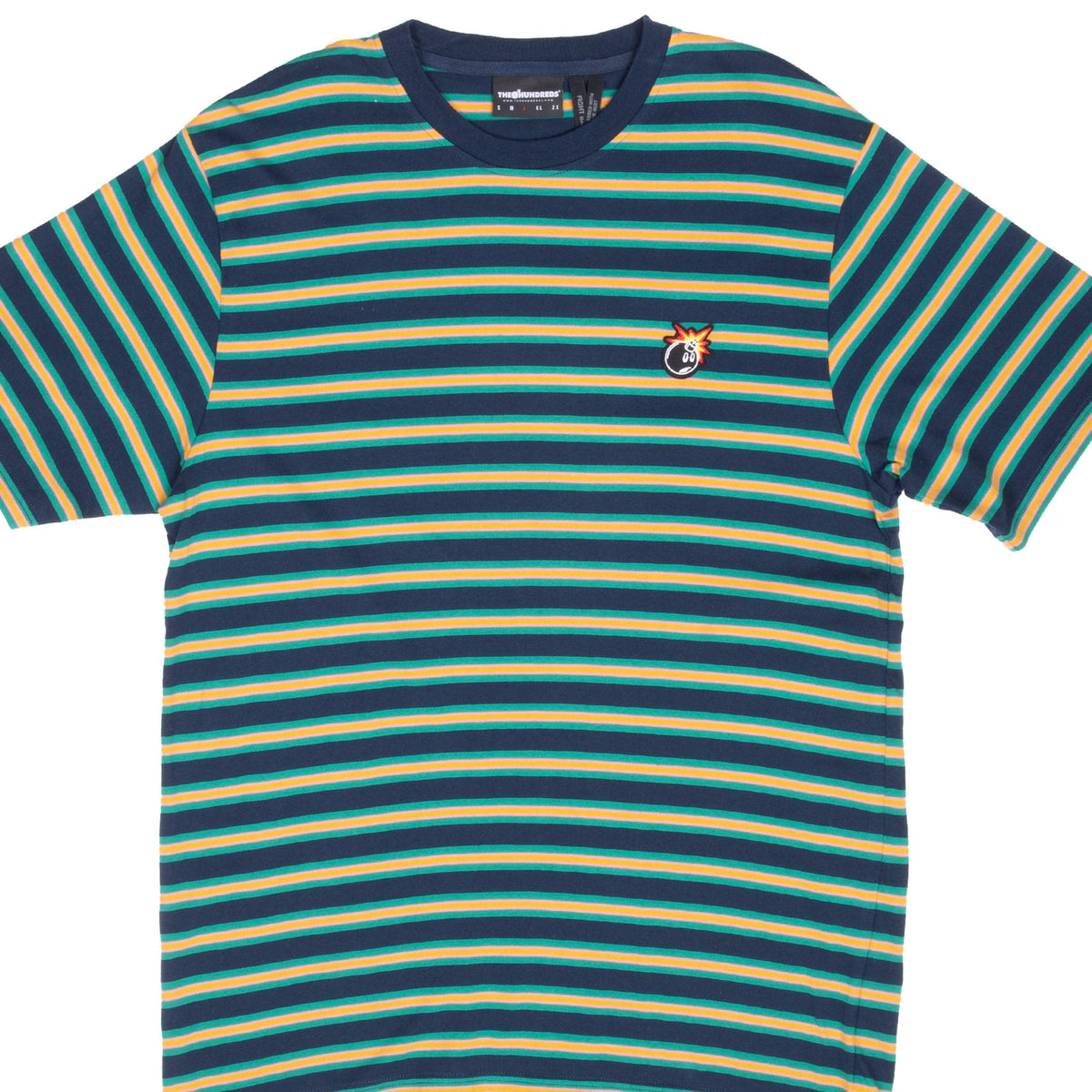 Front close view of The Hundreds navy T-shirt with green, yellow, and pink stripes and bomb logo patch