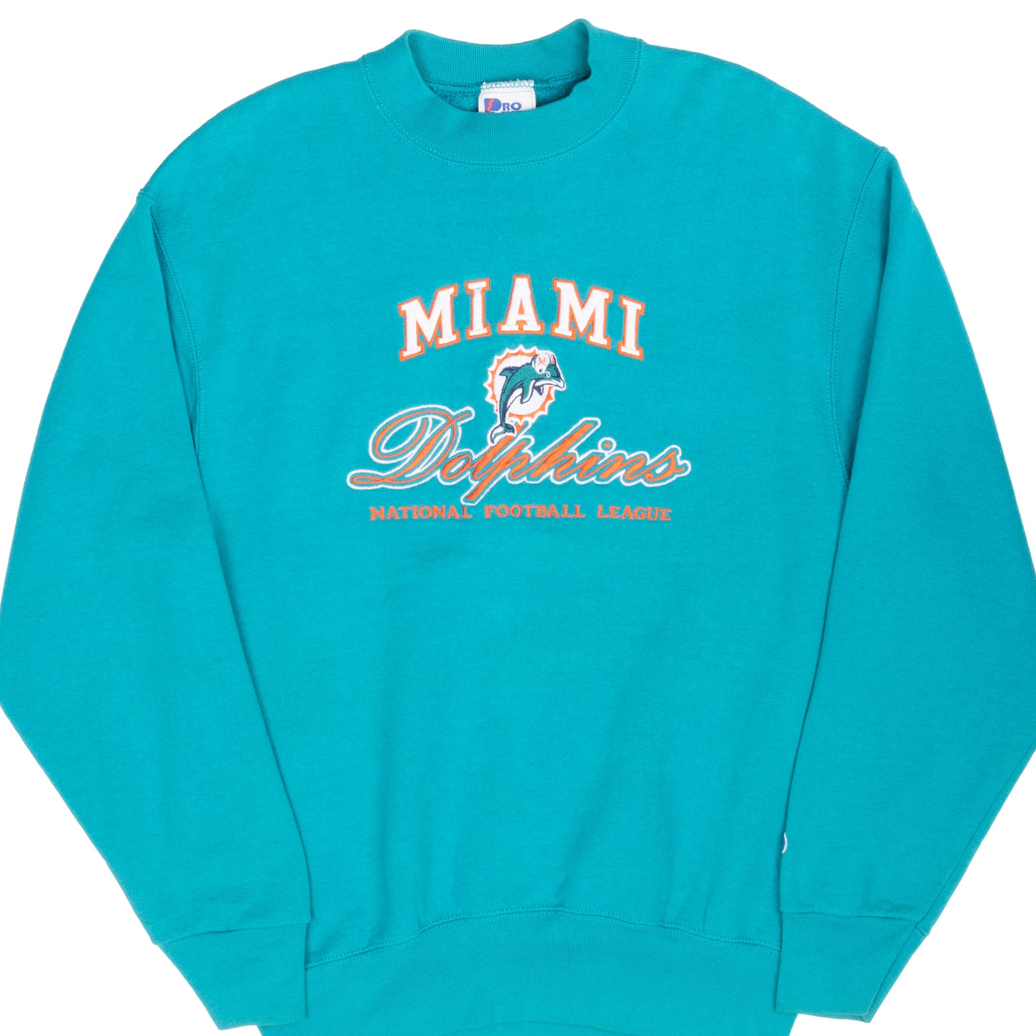 Front of aqua Miami Dolphins crewneck sweatshirt with embroidered team logo and lettering