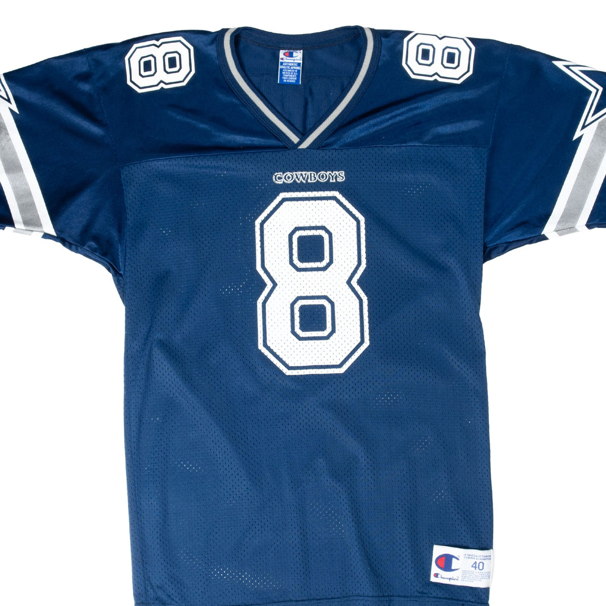 Front close-up of navy Champion Dallas Cowboys Troy Aikman #8 jersey