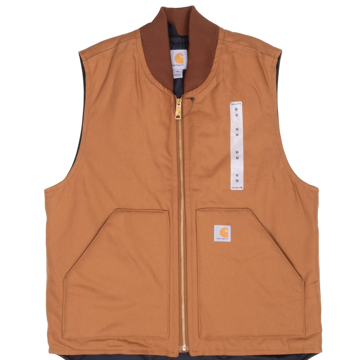 Front of brown Carhartt V01BRN vest with zipper, rib-knit collar, patch pockets and size strip