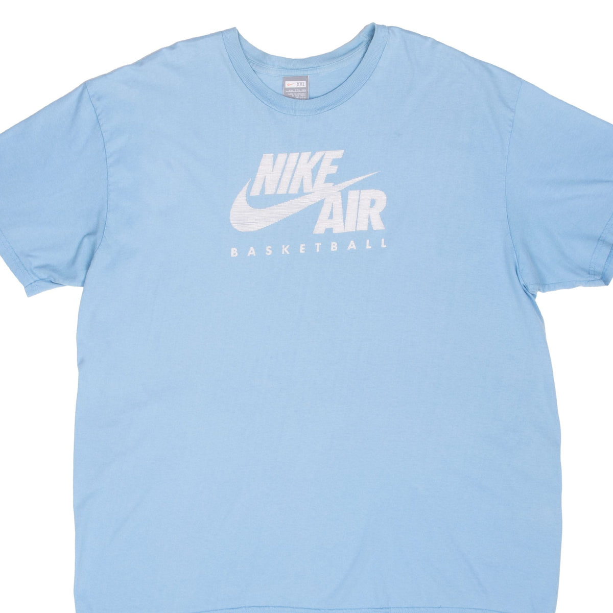 Front of blue Nike Air Basketball T-shirt with white Swoosh chest graphic