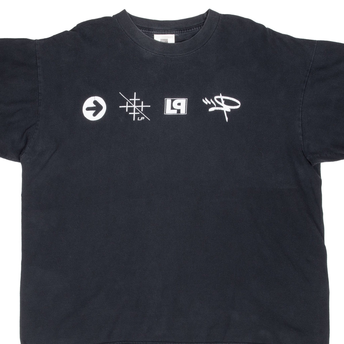 Front of black Linkin Park T-shirt with four white symbols across the chest