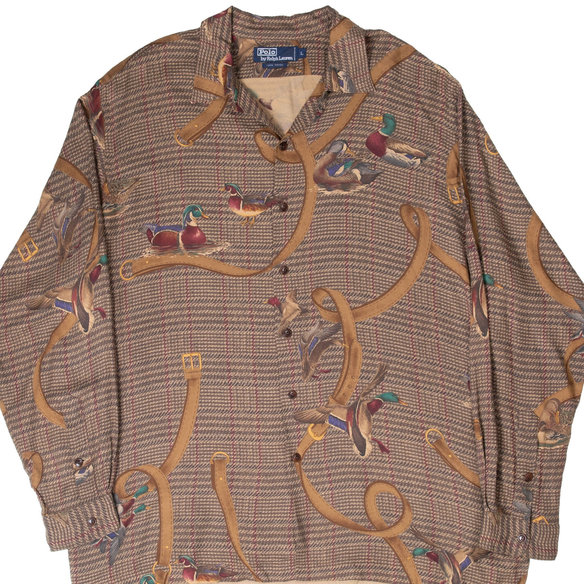 Front of Polo Ralph Lauren brown plaid shirt with ducks and looping hunting straps
