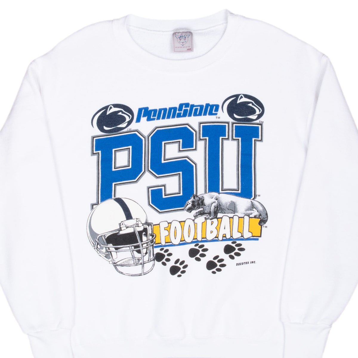 Front of white Penn State crewneck sweatshirt with blue PSU football graphic