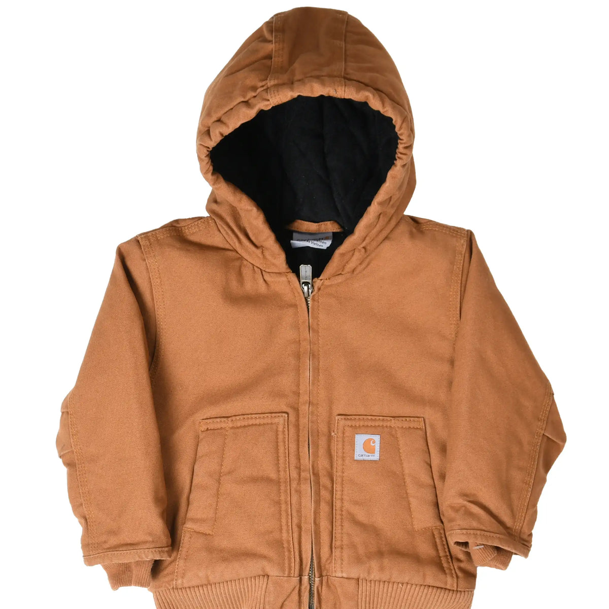 Front of brown Carhartt youth hooded worker jacket with zipper, black lining, and patch pockets