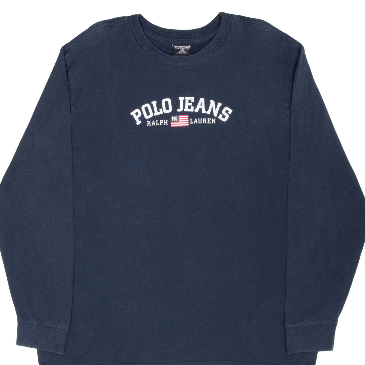 Front of blue Ralph Lauren Polo Jeans long-sleeve T-shirt with white chest graphic