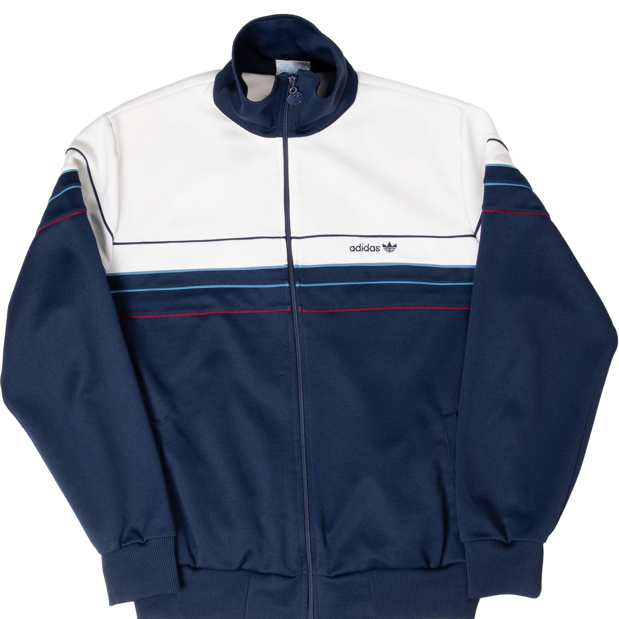 Front of Adidas navy and white zip-up tracksuit jacket with blue and red chest piping