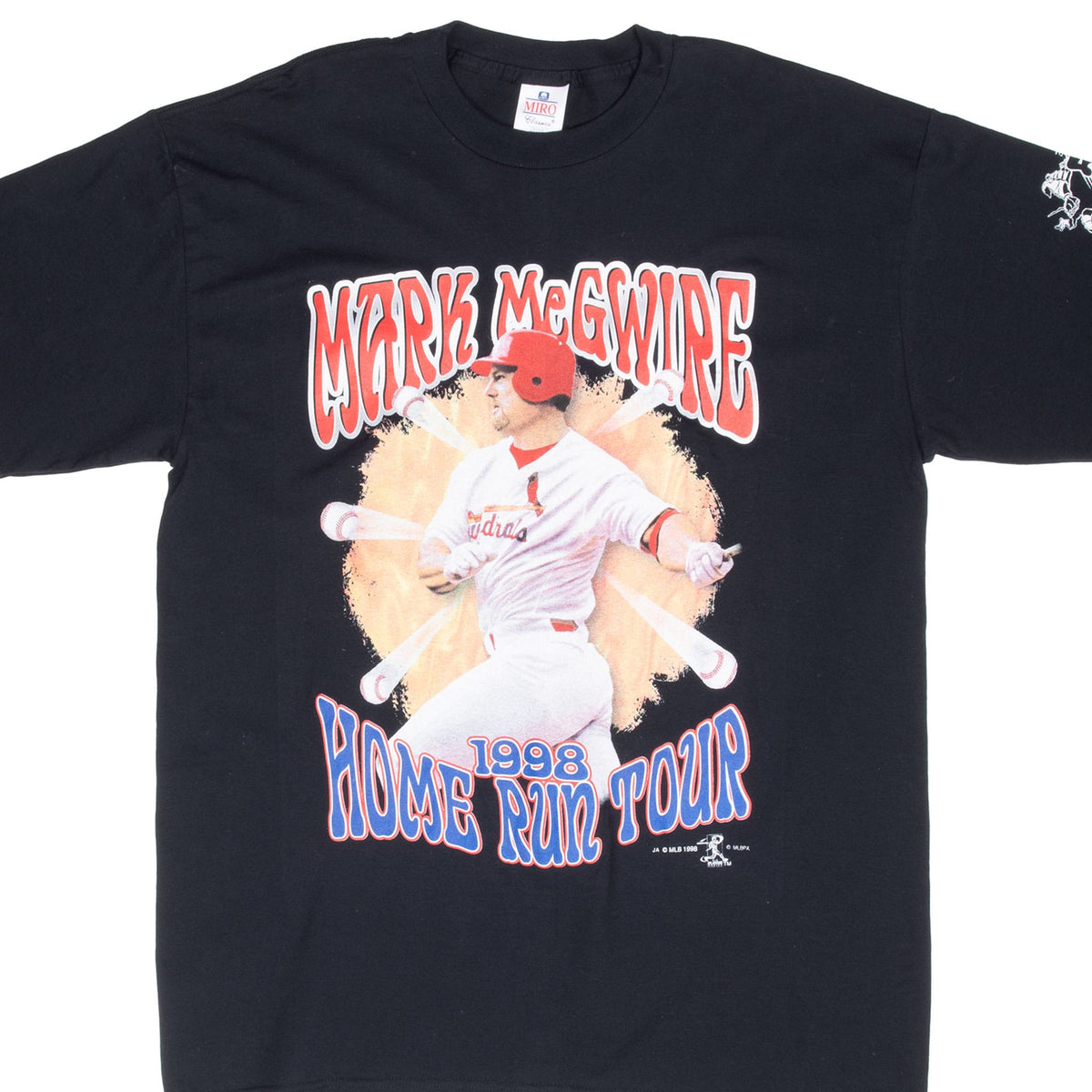 Front of black Mark McGwire St. Louis Cardinals 1998 Home Run Tour T-shirt