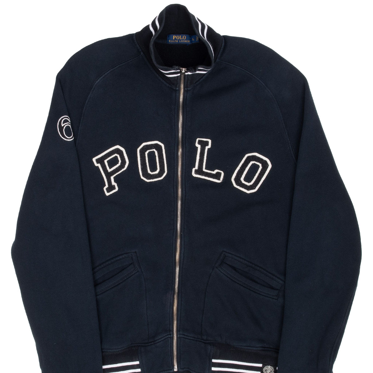 Front of black Polo Ralph Lauren zip-up sweatshirt with POLO lettering and striped trim