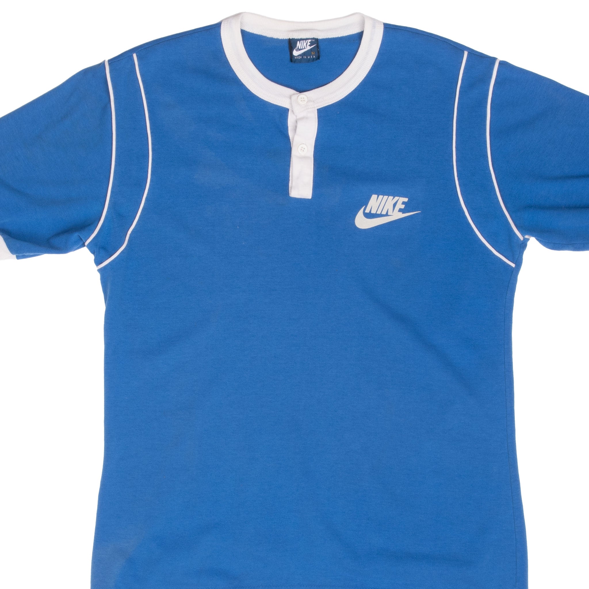 Vintage Nike Classic Swoosh Henley Blue Tee Shirt 1980S Size Medium Made In Usa With Single Stitch Sleeves