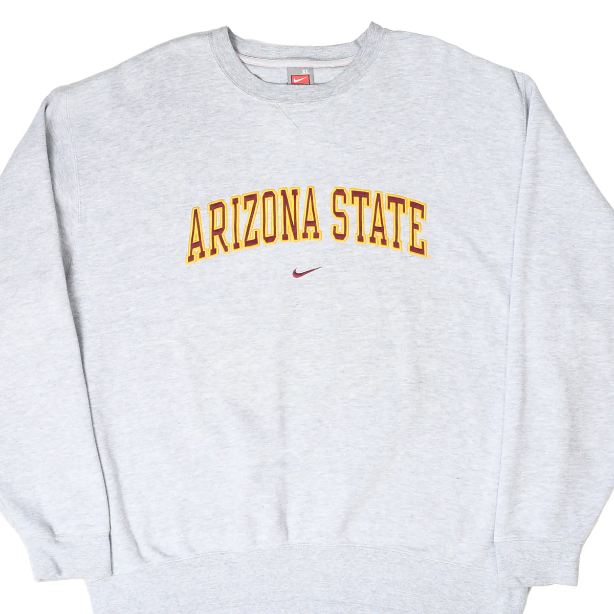 Front of gray Nike Arizona State sweatshirt with maroon and gold lettering and center Swoosh