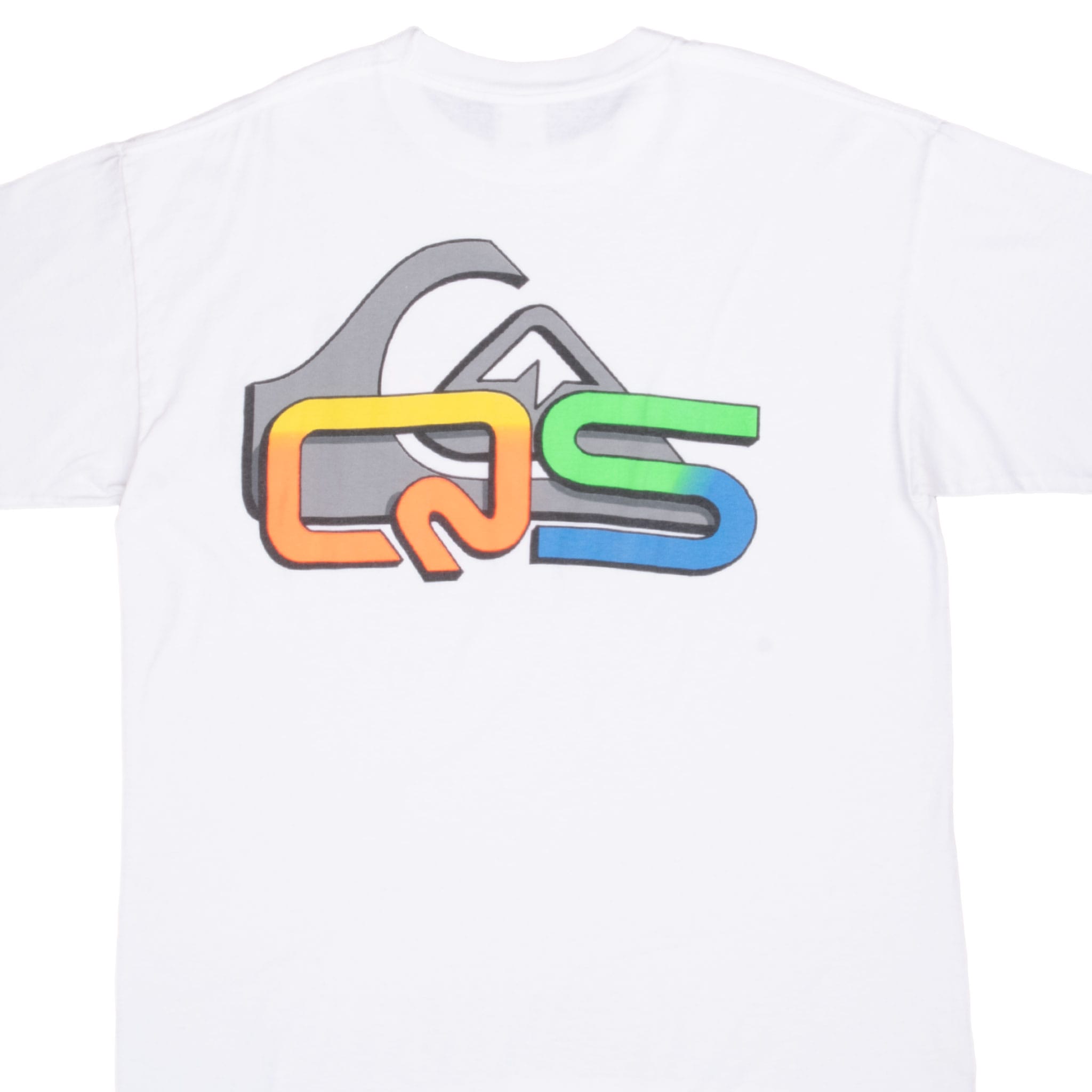 Back of white Quiksilver T-shirt with oversized gray and multicolor surf logo graphic