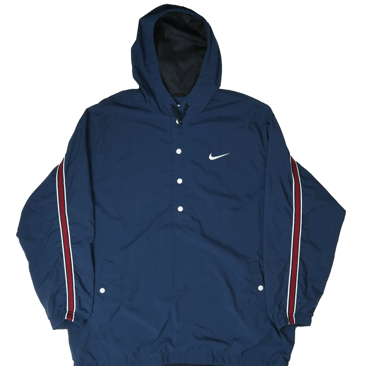 Front of navy Nike hooded pullover windbreaker with white Swoosh and red-and-white sleeve stripes