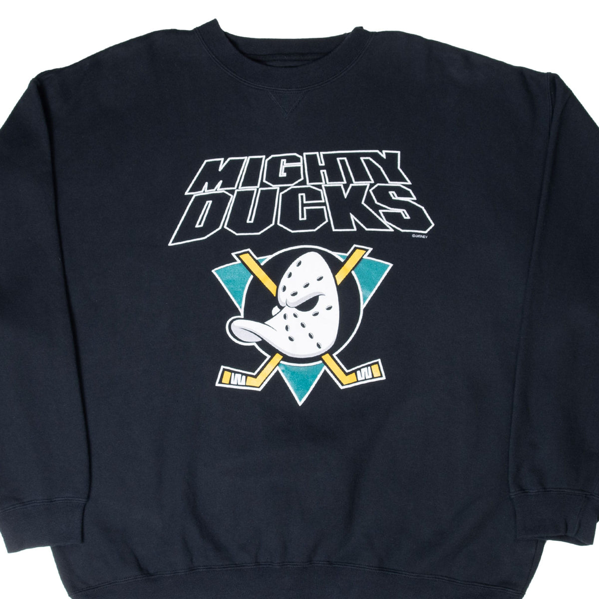 Front of black Anaheim Mighty Ducks crewneck with wordmark and goalie-mask logo