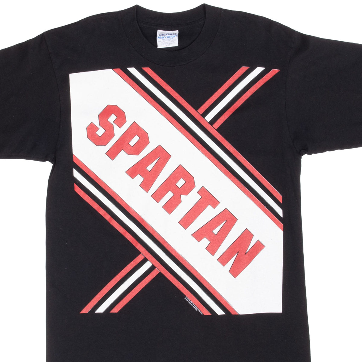 Front upper view of black Saturday Night Live T-shirt with oversized red and white Spartan graphic