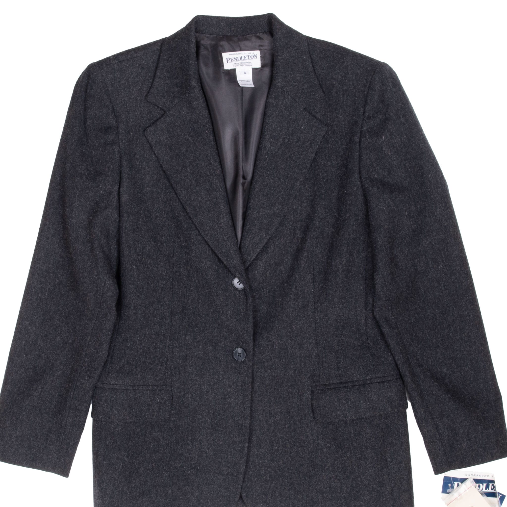 Front of Pendleton women's black wool blazer with notched lapels, two buttons, and flap pockets